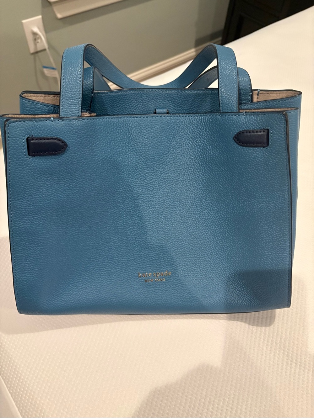 kate spade Blue Pebbled Leather Tote with Navy Accents